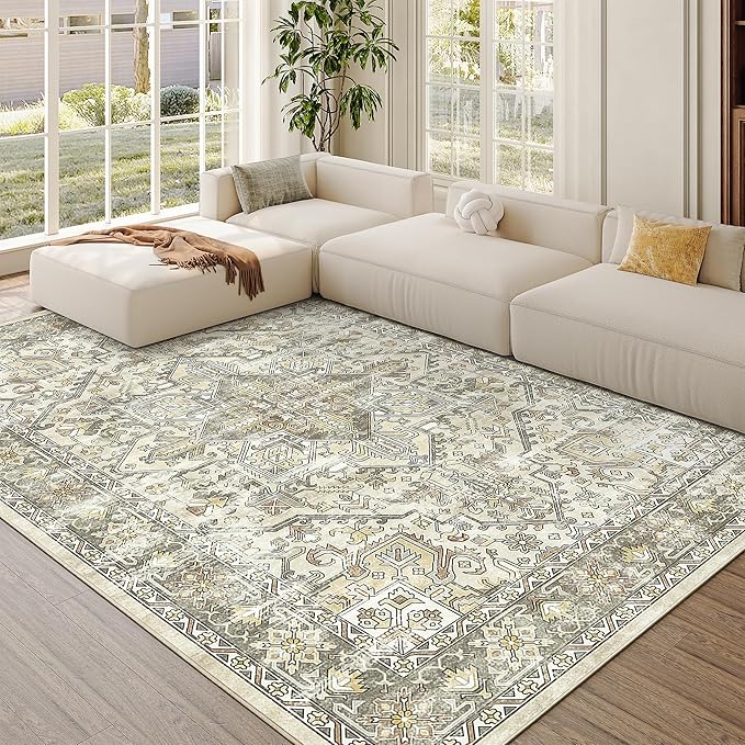 zesthome 6x9 Area Rug, Super Soft Washable Rugs for Living Room, Non-Slip Stain Resistant Vintage Rugs, Ultra-Thin Large Area Rugs (Beige/Brown,6'x9')