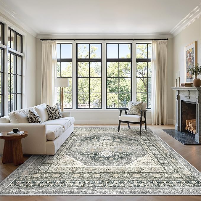 zesthome 5x7 Area Rugs - Ultra-Thin Washble Rug, Stain Resistant Anti Slip Backing Rugs for Living Room,Bedroom, Vintage Home Decor Area Rug (Wheat/Charcoal,5'x7')