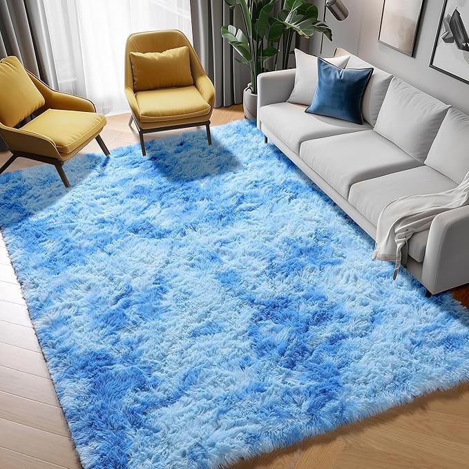 ONASAR Tie-Dye Blue Rugs for Living Room Bedroom, Fluffy 5x8 Bedside Area Rug, Soft Plush Shaggy Indoor Floor Carpet for Nursery Kids Girls Boys Teen Dorm Home Office Decor Aesthetic
