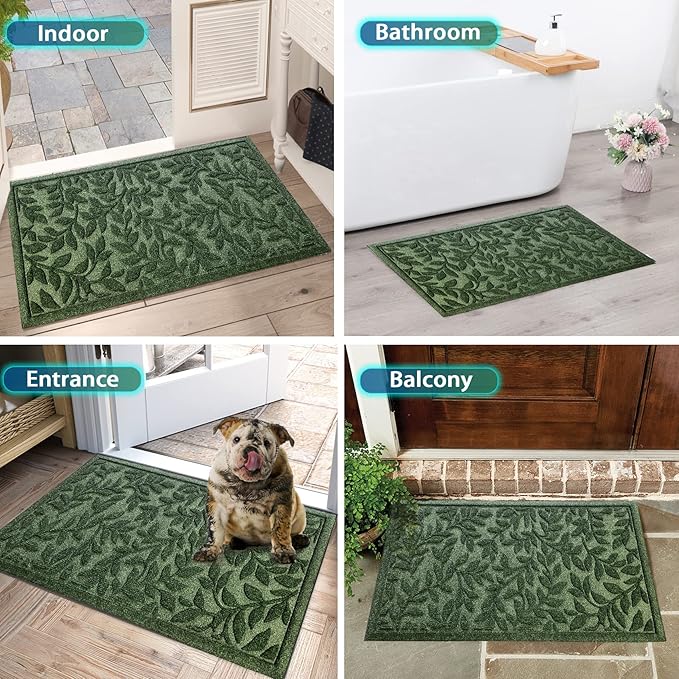 Bulijojo Sturdy Front Entrance Doormats,Durable Heavy Duty Welcome Mat,Thick Absorbent Natural Rubber Non Slip Mat,Easy Clean Entryway Mat 17x30 Inch Leaves Green