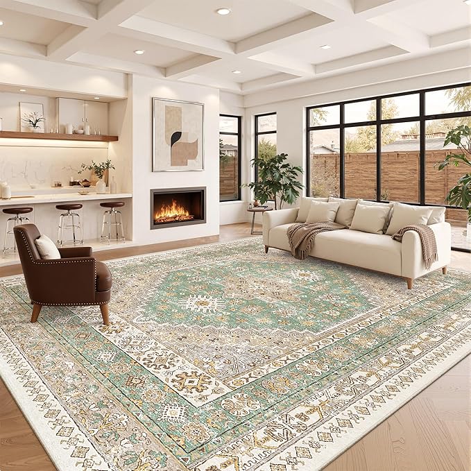 zesthome 10x14 Area Rugs,Stain Resistant Washable Rug,Ultra-Thin Rugs for Living Room,Bedroom,Non-Slip Backing Home Decor Large Area Rug (Green/Brown,10'x14')