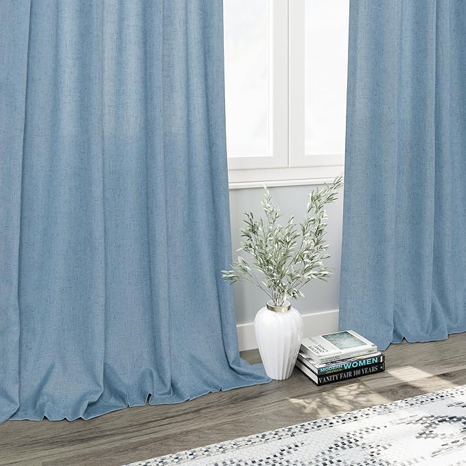 Nanspring Blue Curtains 144 Inches Long 2 Panels for Living Room Back Tab Rod Pocket Semi Sheer Linen Drapes Neutral Home Decor Blue Curtain Ceiling to Floor Length for Dining Room 52x144