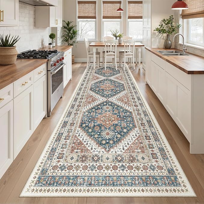 Madane Hallway Rug 3x10, Kitchen Rugs Washable Entryway Rug Vintage Kitchen Runners Non Slip Indoor Area Rug Farmhouse Carpet Runner for Bathroom Living Room Bedroom, Navy Blue