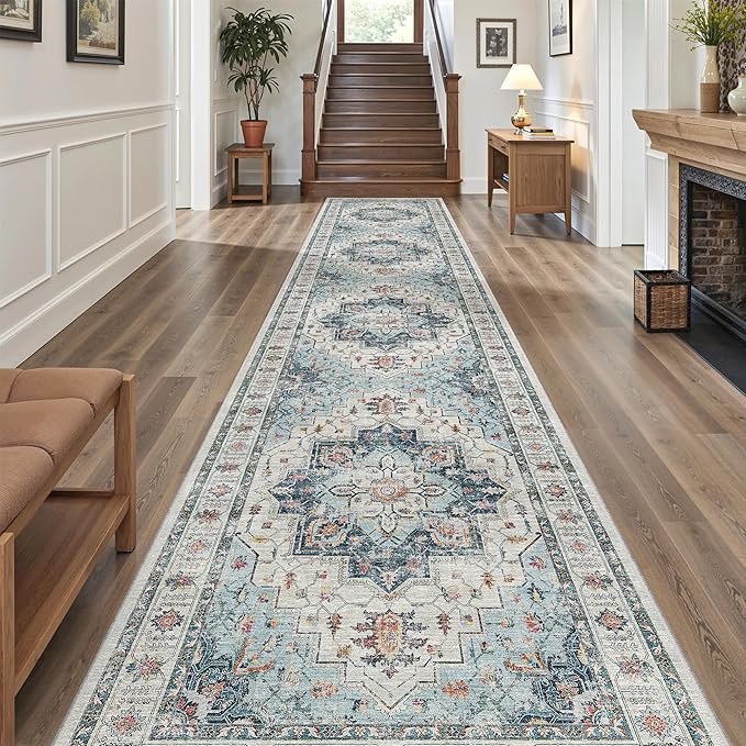 Madane Hallway Runner Rug 3x16 - Vintage Non Slip Washable 16ft Kitchen Runner for Entrance Soft Long Carpet Runners for Living Room Bathroom Low Pile Floor Mat for Bedroom Dining Room, Blue