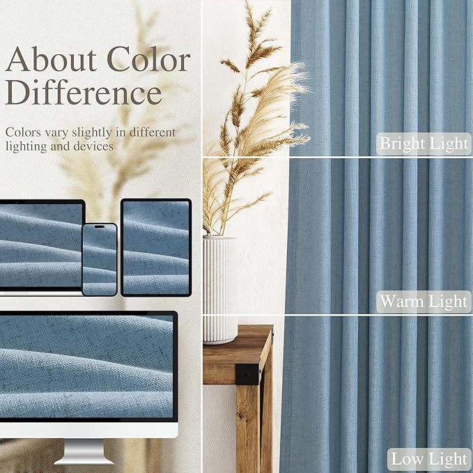 Nanspring Blue Curtains 144 Inches Long 2 Panels for Living Room Back Tab Rod Pocket Semi Sheer Linen Drapes Neutral Home Decor Blue Curtain Ceiling to Floor Length for Dining Room 52x144