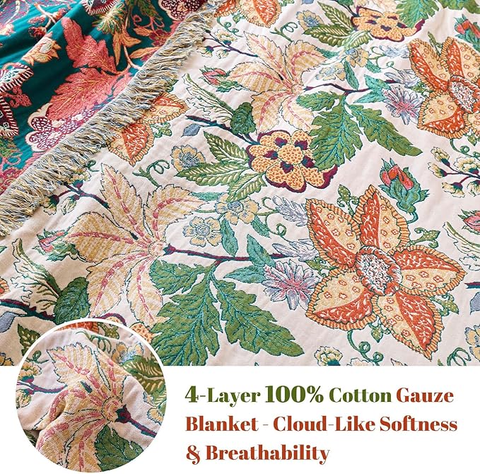 MSGKV Boho Throw Blanket for Bed Twin Size 100% Cotton Floral Blanket 60"x80" Lightweight Farmhouse Muslin Spring Breathable Couch Blankets Home Decor All Seasons