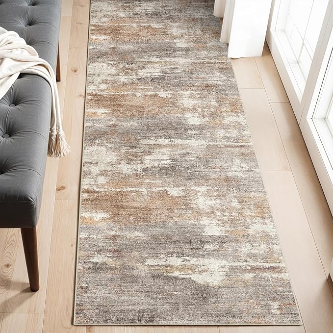 2x6 Washable Kitchen Runner Rug: Modern Abstract Runners for Hallway Soft Non Slip Rugs with Rubber Backing Low Pile Thin Floor Carpet for Entryway Bedroom Bathroom Bedside Indoor(Brown/Brick,2x6)