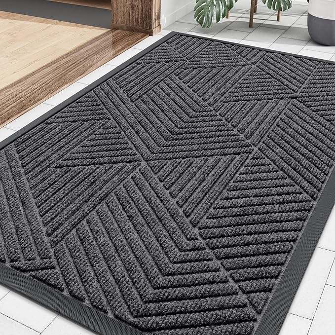 Smiry Front Door Mat Outside Entrance, Heavy Duty Sturdy Natural Rubber Doormat, Trap Dirt and Moisture, Easy Clean Low Profile Welcome Floor Mats for Indoor Outdoor Entry, 35X23 Inch, Light Grey