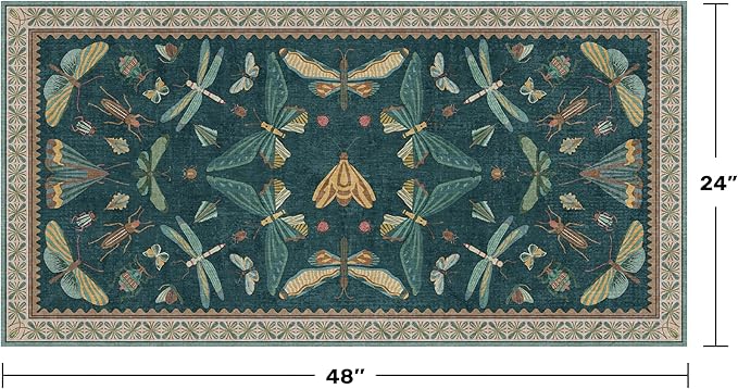 Hazo Haus Emerald Green Entry Rugs for Inside House - 2x4 Kitchen Rugs Non Slip for Bathroom, Powder Room, Vintage Unique Colorful Décor, Washable Stain & Fade Resistant