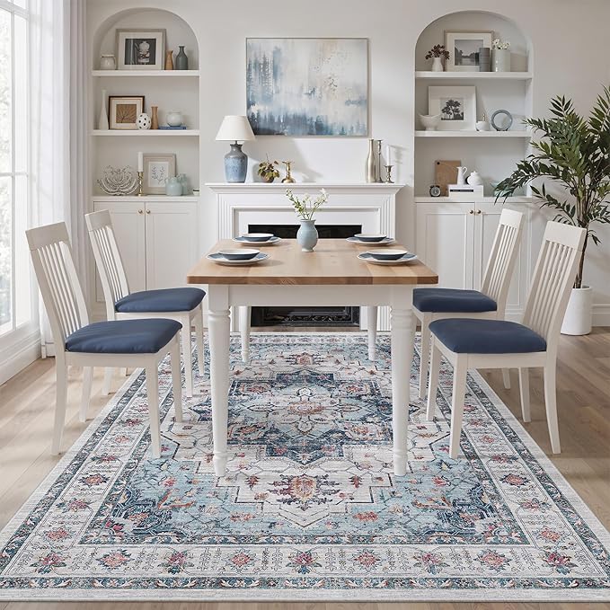 zesthome 6x9 Area Rugs, Machine Washable Rugs for Living Room, Bedroom,Stain Resistant Vintage Large Area Rug,Non-Slip Medallion Pattern Home Decor Rugs (Blue,6'x9')