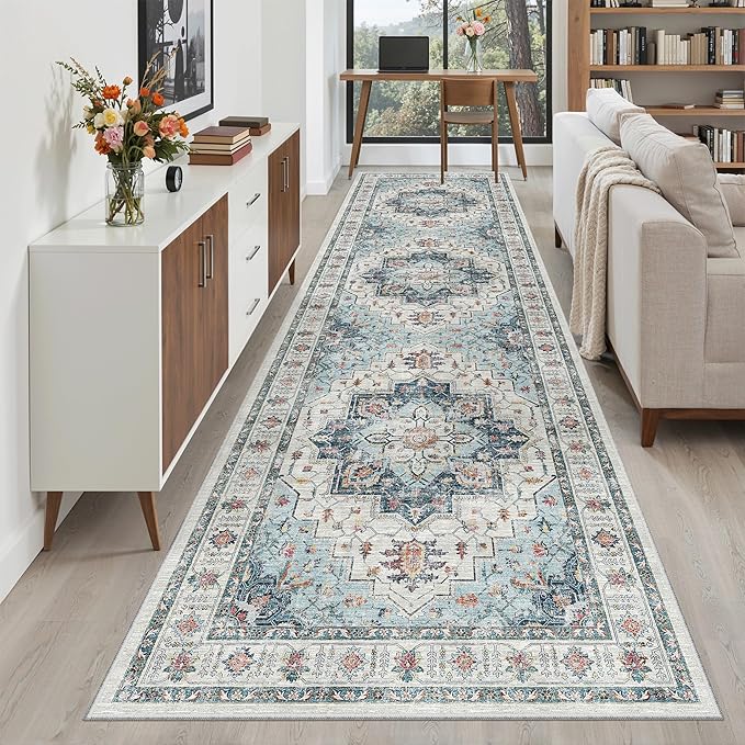 Madane Hallway Rug 3x10, Kitchen Rugs Washable Entryway Rug Vintage Kitchen Runners Non Slip Indoor Area Rug Farmhouse Carpet Runner for Bathroom Living Room Bedroom, Blue
