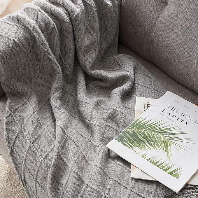 BOURINA Light Grey Throw Blanket 50 x90 Inches Throw Textured Solid Soft Sofa Throw Bed Runner Couch Cover Knitted Decorative Blanket Bed Runner