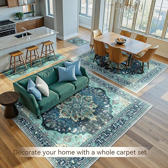 RELEANY Area Rugs 10'x14' Washable Non-Slip, Floral Vintage Distress Print Pattern Medallion Carpet for Living Room Bedroom Dining Room, Teal Green Lake Blue Turquoise