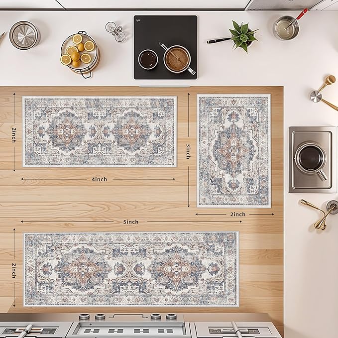 4 Pieces Kitchen Rug Set: Washable Water Resisitant Carpet for Sink Stove Area Soft Floor Mats with Non-Slip Backing for Bathroom Low-Pile Runners for Family with Elderly Dogs(2x3+2x4+2x5+2x6,Brick)
