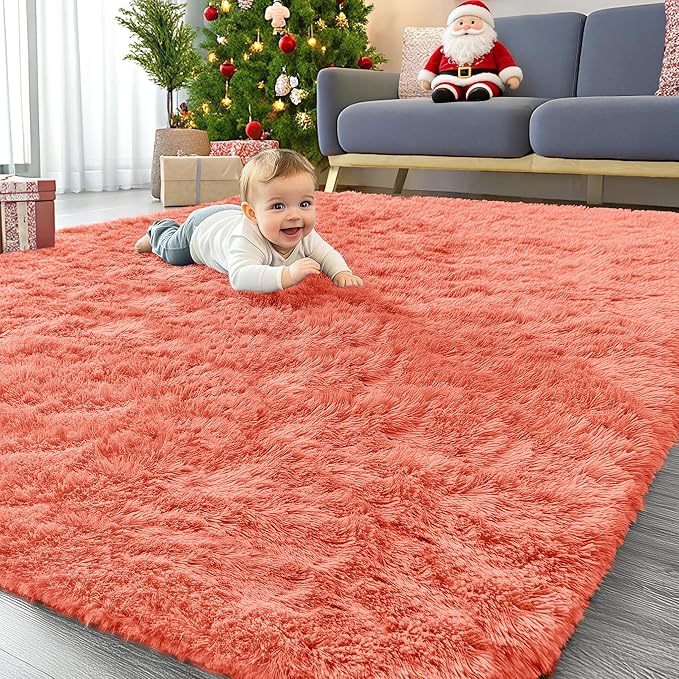 OLANLY 5x7 Machine Washable Large Area Rugs for Living Room, Bedroom, Soft Fluffy Shaggy Bedside Rug, Indoor Floor Carpet for Kids Girls and Boys, Dorms, Nursery, Home Decor Aesthetic, Coral Red