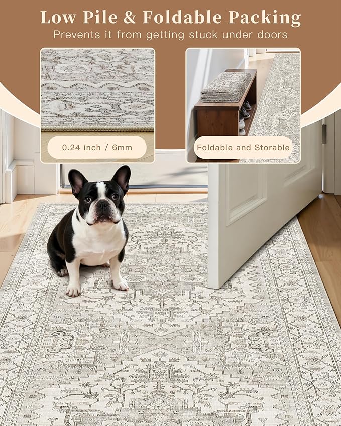 Madane Area Rug 4x6 Washable Rugs: Vintage Living Room Rug Soft Low Pile Non Slip Area Rugs Distressed Indoor Floor Carpet for Bedroom Kitchen Dining Room Home Decor, Beige/Brown