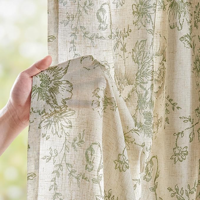 jinchan Linen Blend Floral Curtains for Living Room 90 Inch Length Farmhouse Printed Curtain Rod Pocket Back Tab Sage Green Peony Flower Patterned Drapes Bedroom Curtains Set 2 Panels
