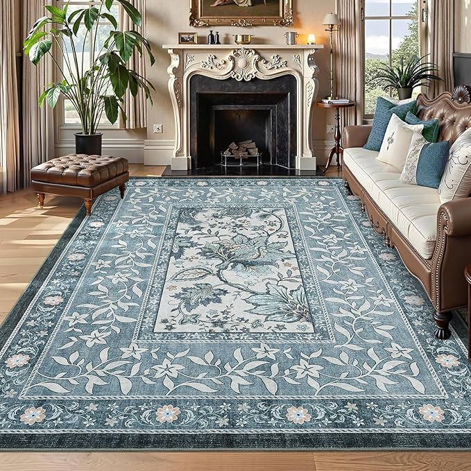 GarveeHome Provence Misty Blue 6x9 Area Rugs, Botanical Grove Vintage Cottagecore Non-Slip Washable Rug for Bedroom Living Room Nursery Kitchen Low-Pile Carpet