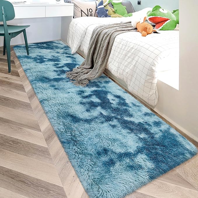 Super Soft Fluffy Living Room Area Rug 2x10 ft Tie-Dyed Light Blue Shaggy Furry Carpet Washable Non-Slip Floor Rugs Bedroom Bedside Nursery Rug Fuzzy Girls Boy Dorm Home Decor Aesthetic