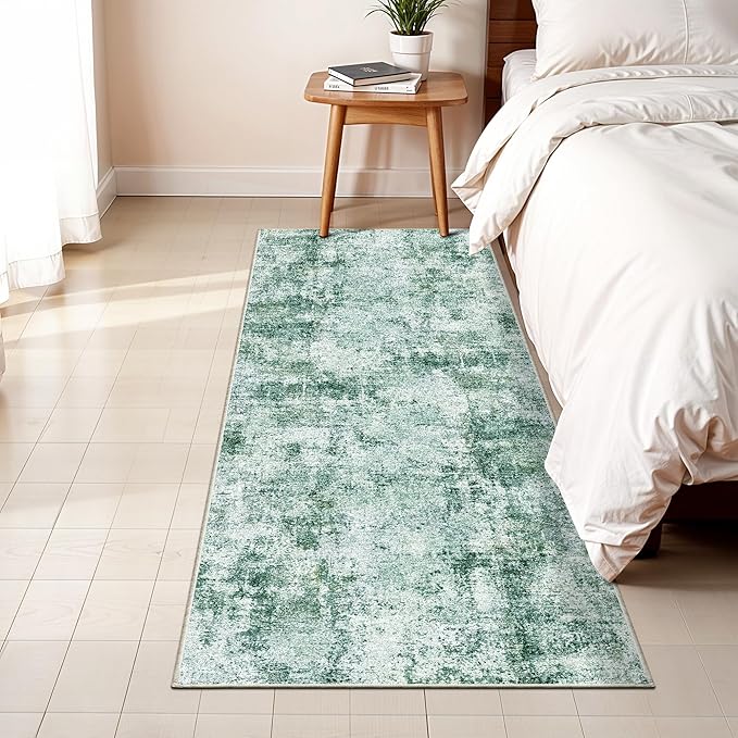 2x5 Washable Runner Rug for Hallway: Non Slip Entryway Runners Rugs Easy-to-Clean - Soft Living Room Bedroom Carpet - Thin Low Pile Floor Mat for Dining Room Green