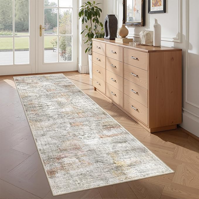 2x5 Rug Runner Washable for Entryway, Soft Bathroom Rugs with Non-Slip Backing, Abstract Low Pile Hallway Runner, Vintage Small Kitchen Carpet for Stair, Laundry Room(2'x5', Grey/Rust)