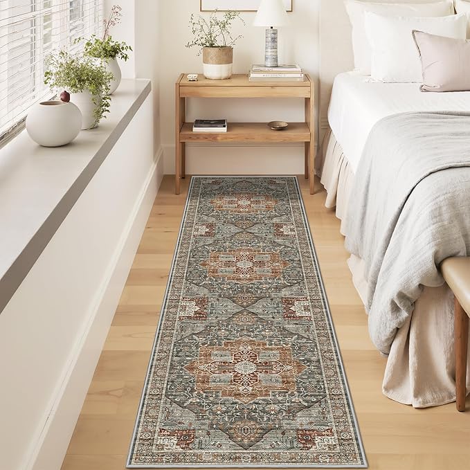 Runner Rug 2x8 Runners for Hallways Non Slip Washable, Vintage Hallway Runner Rugs for Living Room, Low Pile Soft Hallway Rug for Kitchen Bedroom Laundry Room Rug(Grey/Brown/Tan,2'x8')