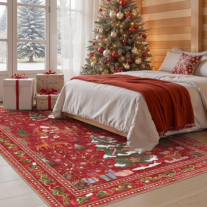 UERMEI Christmas Area Rug Living Room Rugs: 5x7 Neutral Modern Washable Festive Soft Thin Non-Slip Indoor Carpet for Bedroom Dining Table and Home Office Holiday Decor - Red