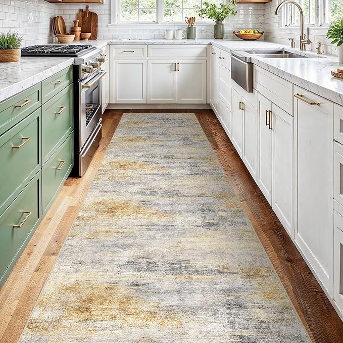 2'6''x12' Washable Kitchen Runner Rug: Modern Abstract Runners for Hallway Soft Non Slip Rugs with Rubber Backing Low Pile Thin Floor Carpet for Entryway Bedroom Bathroom Indoor(Grey/Yellow,2'6''x12')
