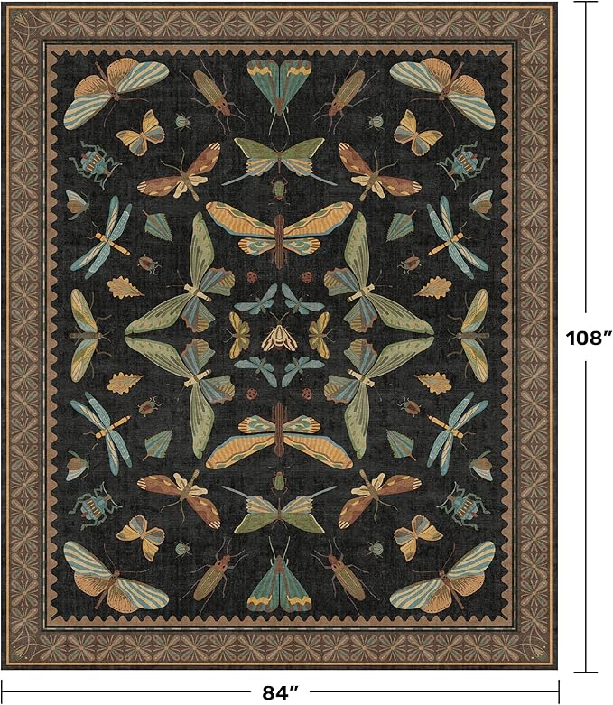 Black Washable 7x9 Large Area Rugs for Living Room, Vintage Insect Soft Rug for Bedroom, Dining Room Under Table, Boho Nature Butterfly Design - Low Pile Non Slip Carpet