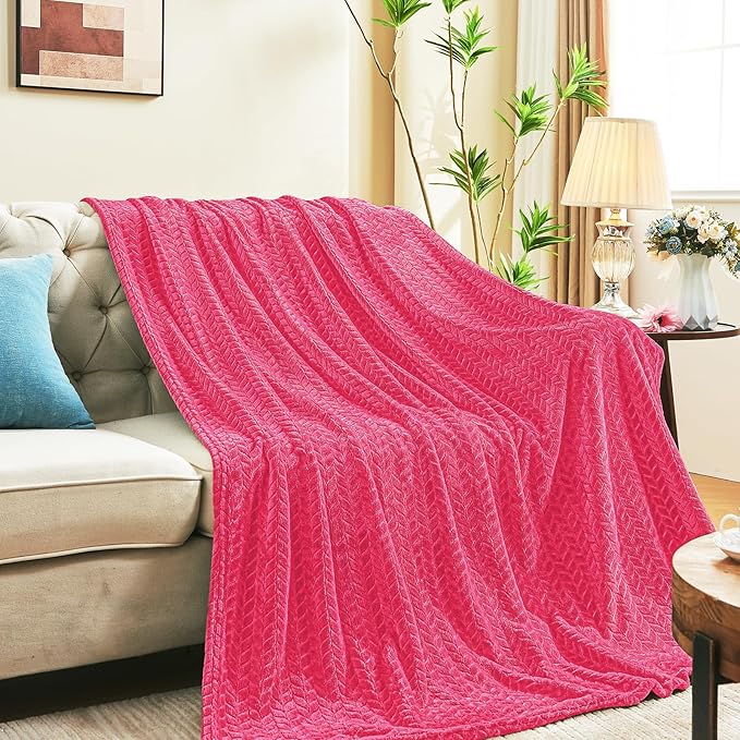 inhand Hot Pink Fleece Twin Blanket, Lightweight Leaves Pattern Fuzzy Blanket for Couch Sofa, All Season Use, 60 x 90 Inches
