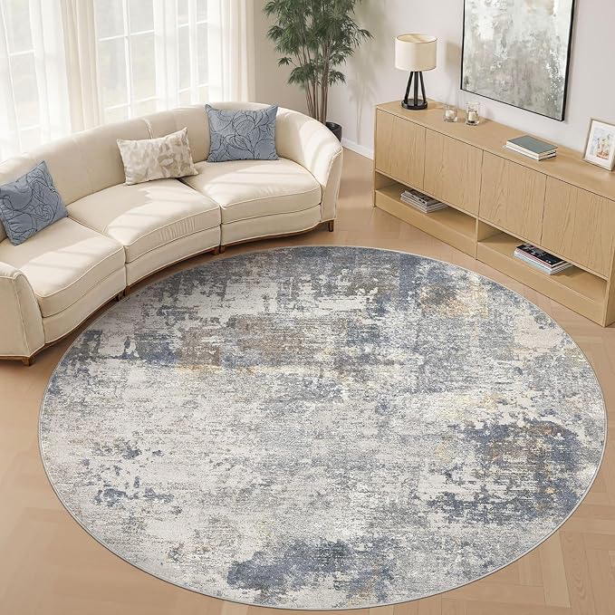 10ft Round Area Rug Living Room Rugs - 10x10 Washable Large Neutral Modern Abstract Soft Thin Rug Indoor Floor No Slip Rug Carpet for Bedroom Under Dining Table Home Office Decor - Blue Grey