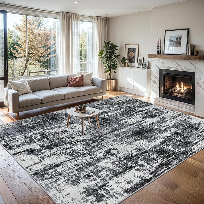Area Rugs 10x14 Living Room - Washable Rug Modern Abstract Soft Large Neutral Non-Slip Carpet Indoor Floor Thin Carpets for Bedroom Dining Room Farmhouse Nursery Home Office Black