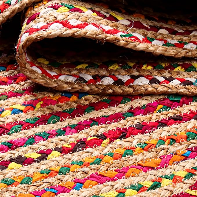 Hausattire Bohemian Braided Rug 4' Round - Multi Color, Circle Farmhouse Jute Cotton Area Rag Rug for Kitchen, Kids Bedroom, Playroom | Colorful Hand Woven Reversible Pet Friendly Carpet