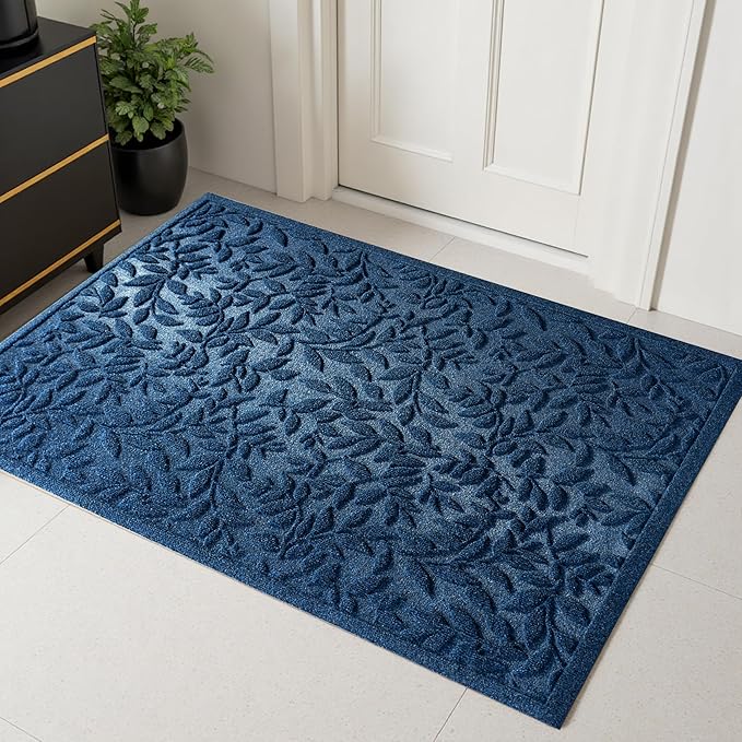 Blue Leaves Outdoor Indoor Entrance Door mat, Absorbent Durable Heavy Duty Welcome Front Door Mat,Thick Natural Rubber Back,Easy Clean Entryway Mat 47x32 Inch, Low Profile