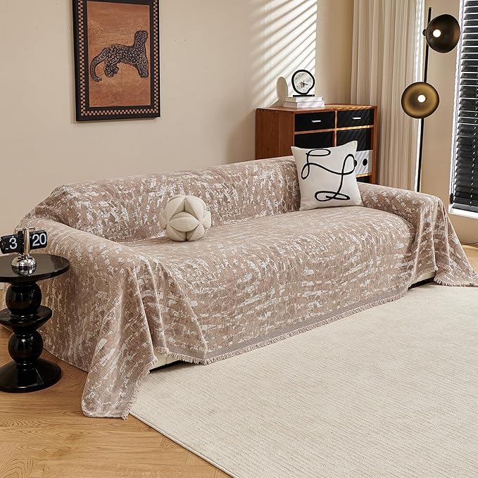 MYSKY HOME Couch Covers for 3 Cushion Couch Sofa, Chenille L Shape Sectional Couch Cover - Pet-Friendly, Machine Washable, Non-Slip Sofa Protector for Dogs, Kids, 71"x118", Khaki Blur Mottling