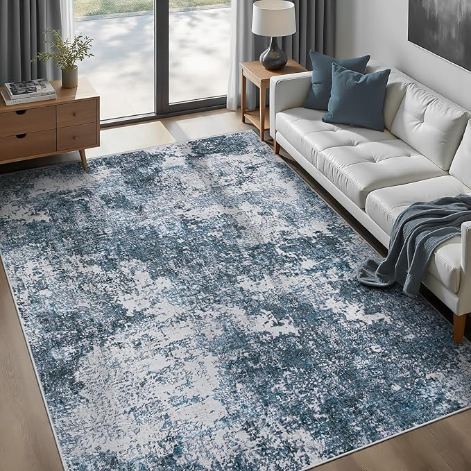 Area Rugs 6x9 for Living Room: Washable Rug Modern Abstract Neutral Soft Non-Slip Low-Pile Indoor Carpet for Bedroom Dining Room Playroom Home Office (Blue Grey, 6'x9')