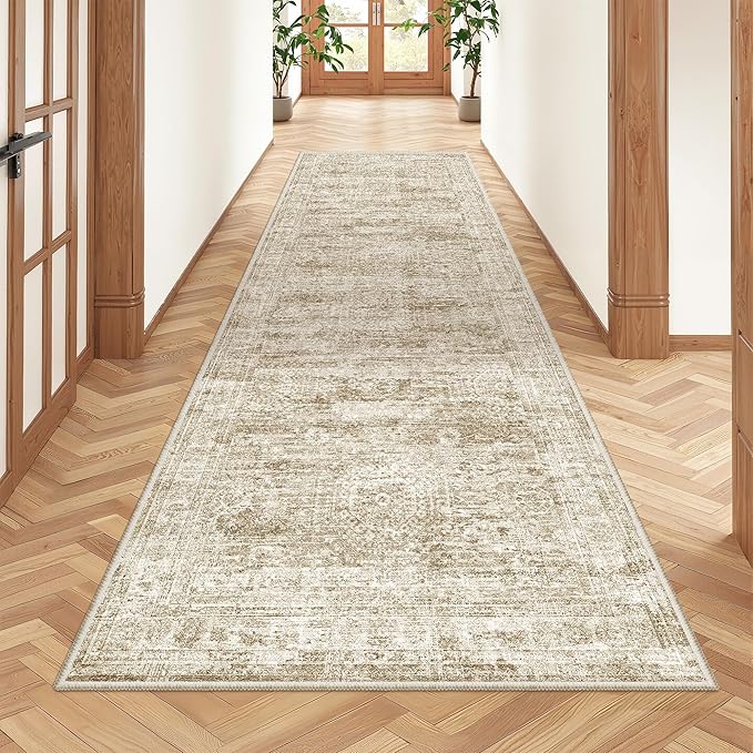Kitchen Runner Rug Non Slip - 2.5 x 8 Runners for Hallways, Entryway, Bedroom, Washable Runner Rugs for Bathroom, Laundry Room, Low Pile Soft Vintage Area Rug(2.5'x8', Brown/Ivory)