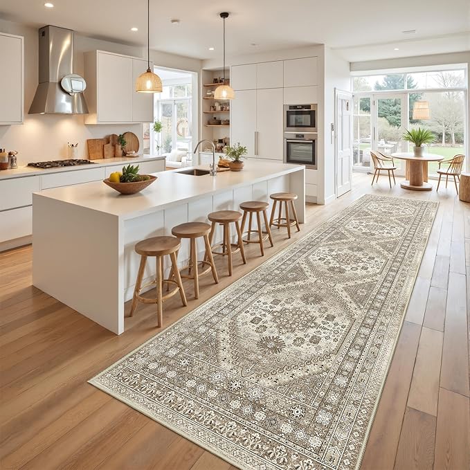 Runner Rug 2x10, Ultra-Thin Kitchen Rugs Non Slip Washable Rugs for Entryway Rug, Kitchen Runner Low Pile Vintage Soft Carpets for Living Room, Bathroom Bedroom (Brown,2'x10')