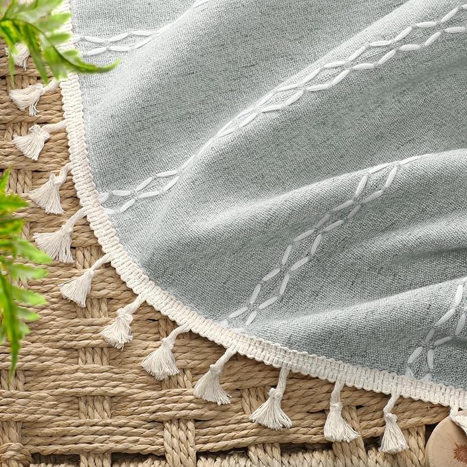 Teal Boho Blackout Curtains 63 Inches Long Light Green Linen Blend 2 Panels with Tassels and Cotton Embroidery, Farmhouse Vintage Rustic Rod Pocket Drapes for Living Room or Bedroom
