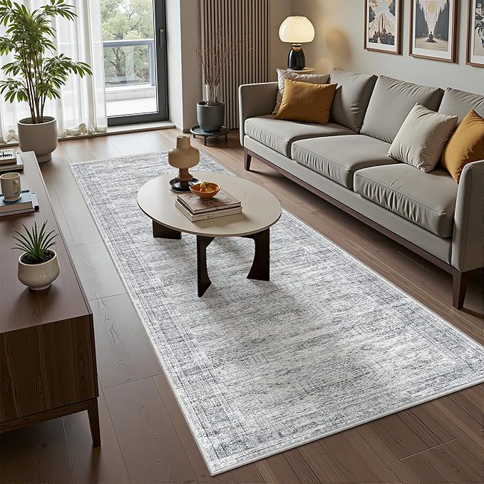 Kitchen Runner Rugs Non Skid Washable - 2.5 x 10 Runner Rug with Anti Slip Backing, Ultra-Thin Soft Rug Runner for Hallway, Bedroom, Living Room (2.5'x10', Grey/Ivory)