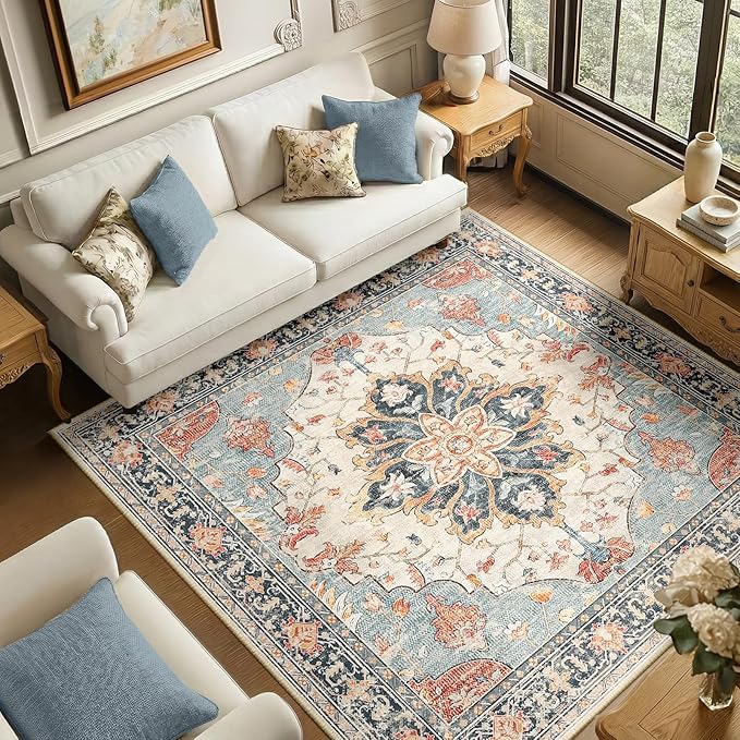 Area Rugs Square 6ft Washable Non-Slip, Floral Vintage Distress Print Pattern Medallion Carpet for Living Room Bedroom Dining Room, Beige Navy Blue Orange Colorful