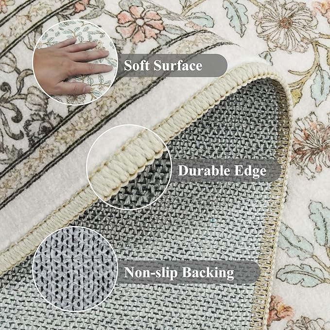 TOPRUUG 2x12 Washable Runner Rug - 12ft Runners for Hallway Non Slip Kitchen Rugs Soft Low Pile Carpet for Bedroom Bathroom Stain Resistant Vintage Floral Floor Mat Home Decor (Floral/Cream, 2X12)