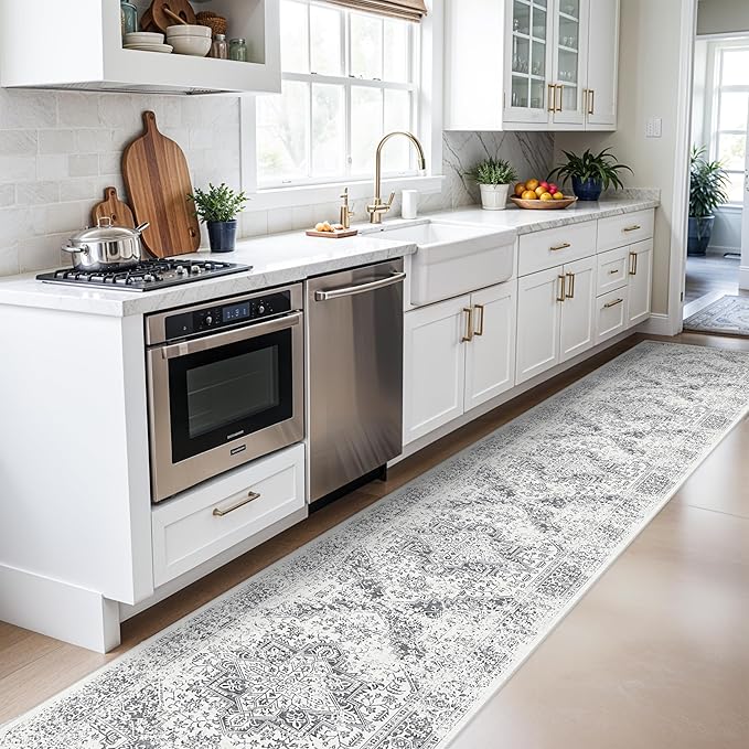 Hallway 2'6''x16' Runner Rug - Non-Slip Vintage Long Rug for Entryway Low-Pile Washable Medallion Runner Rugs for Hallway Waterproof Traditional Runner Rug Indoor Thin Rug for Kitchen (Grey)