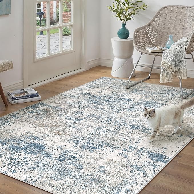 PureCozy Blue 4x6 Area Rug Washable Abstract Office Carpet Modern Neutral Non Slip Indoor Entry Soft Low Pile Contemporary Aesthetic Door Mat Bedroom Throw Rug for Kitchen Laundry Dining Room