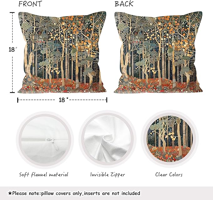 Rustic Autumn Forest Pillow Covers 18x18 Double-Sided, Fall Home Room Decor, Vintage Botanical Nature William Morris Inspired Decorative Throw Pillow Covers for Home Bedroom Living Room
