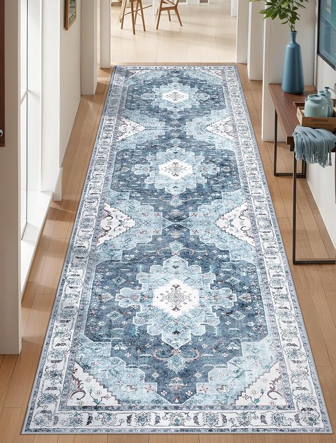 SERISSA Boho Washable Runner Rug, 2'6"x10' Long Non-Slip Vintage Blue Hallway Kitchen Stair Runner Rug Ultra Soft Print Distressed Floor Carpet for Bedroom Bathroom Laundry Room