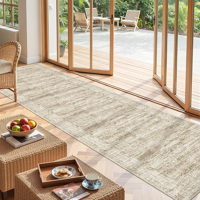 Long Bathroom Rugs Runner - Washable Runner Rugs for Hallway 2x10, Ultra-Thin Soft Kitchen Carpet Runner, Anti Slip Backing Runner Rugs for Entrance, Bedroom, Living Room(2'x10', Brown/Ivory)
