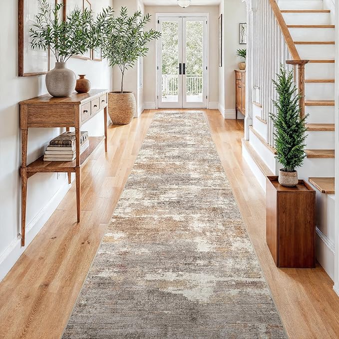3x15 Washable Kitchen Runner Rug: Modern Abstract Runners for Hallway Soft Non Slip Rugs with Rubber Backing Low Pile Thin Waterproof Floor Carpet for Entryway Bedroom Bathroom Indoor 3x15 Brown/Brick