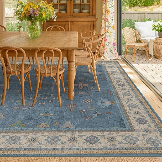 Hazo Haus Blue Big Rugs for Living Room - Dusty Blue 10x14 Area Rug for Large Bedroom, Dining Room, Washable Lightweight Low Pile Foldable Eclectic Modern Floral Home Décor