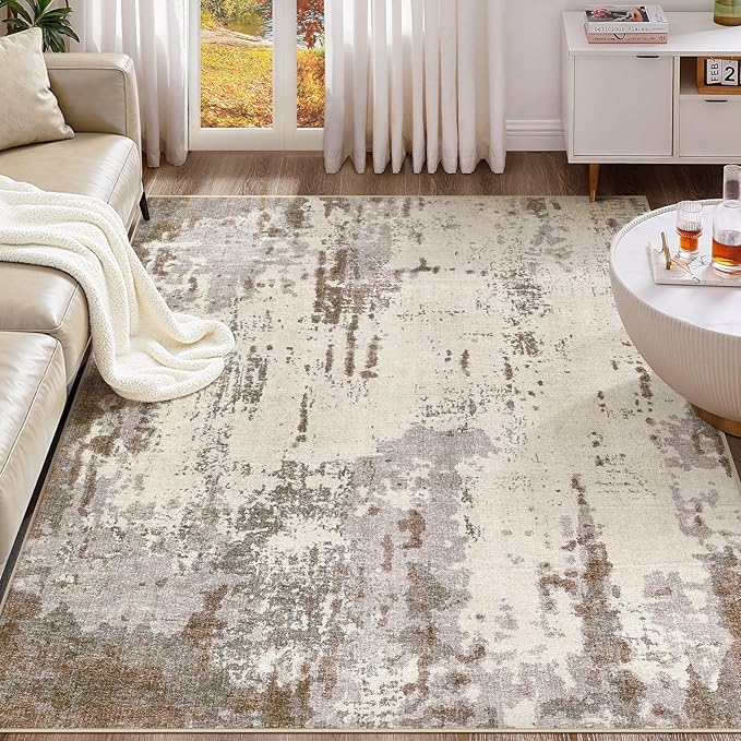 UERMEI 8x10 Area Rug Living Room Rugs - Washable Neutral Modern Abstract Soft Thin Rug Indoor Floor No Slip Rug Carpet for Bedroom Under Dining Table Home Office Decor - Brown/Grey/Beige